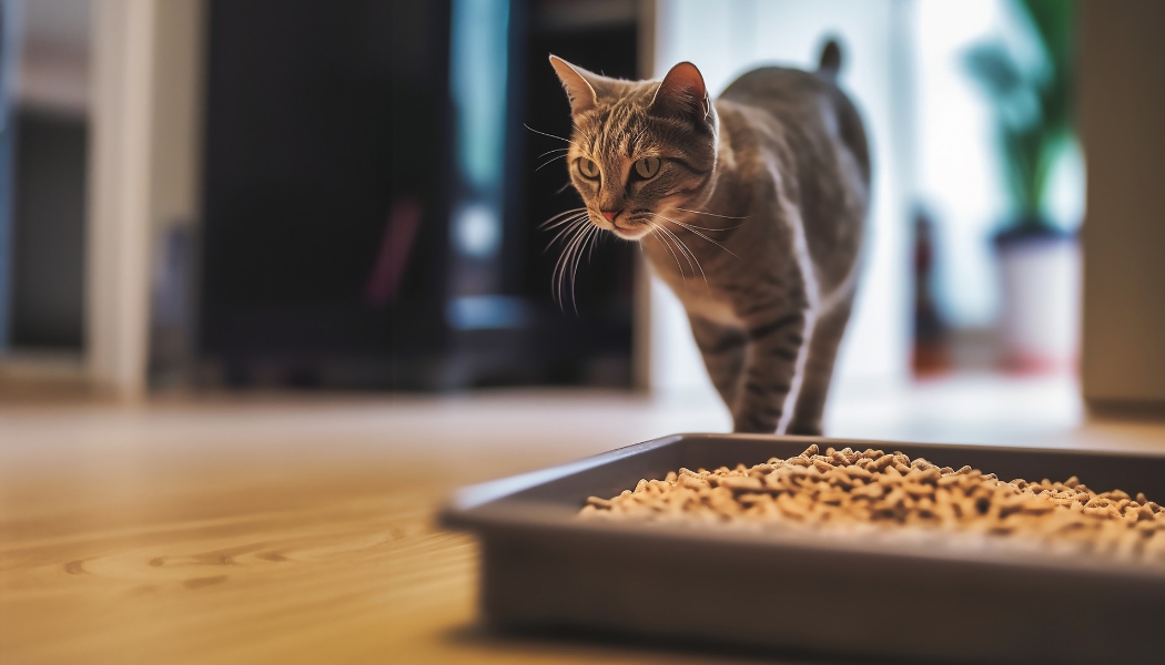 Cat walking towards litter tray