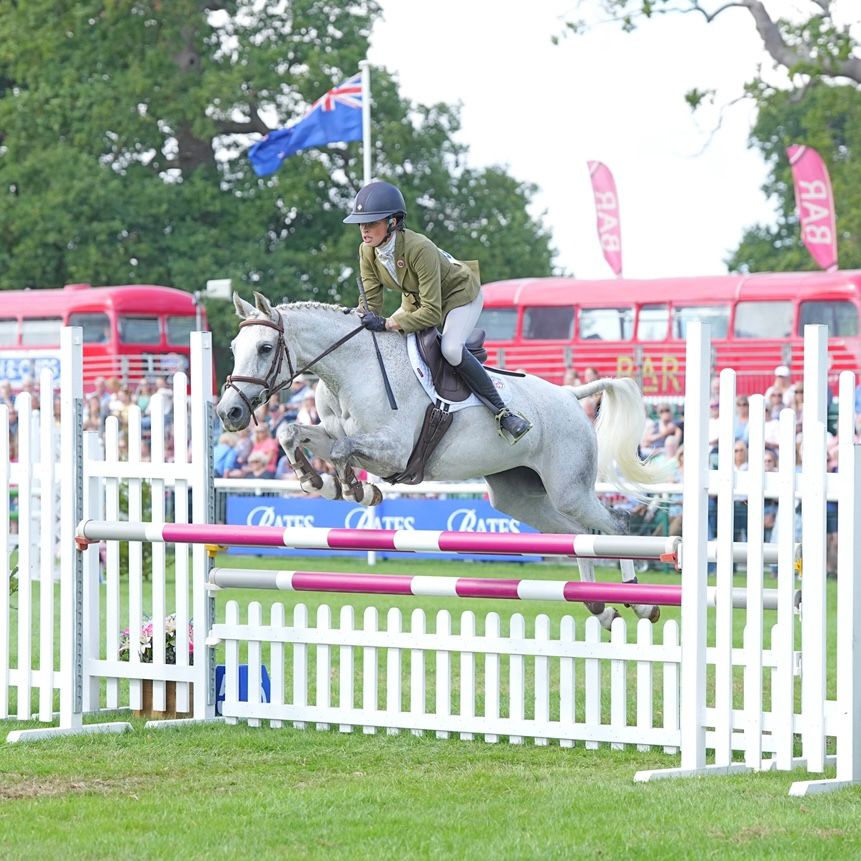 Rider and grey horse jumping a showjump in a grass arena