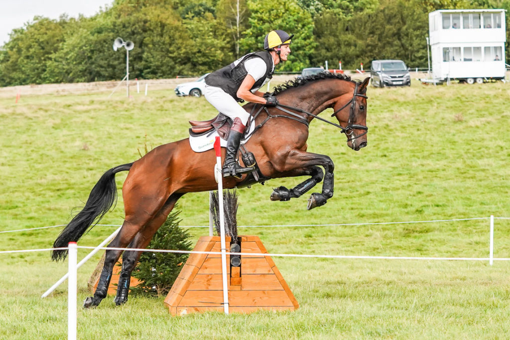 Will Rawling jumping a cross country fence on a bay horse