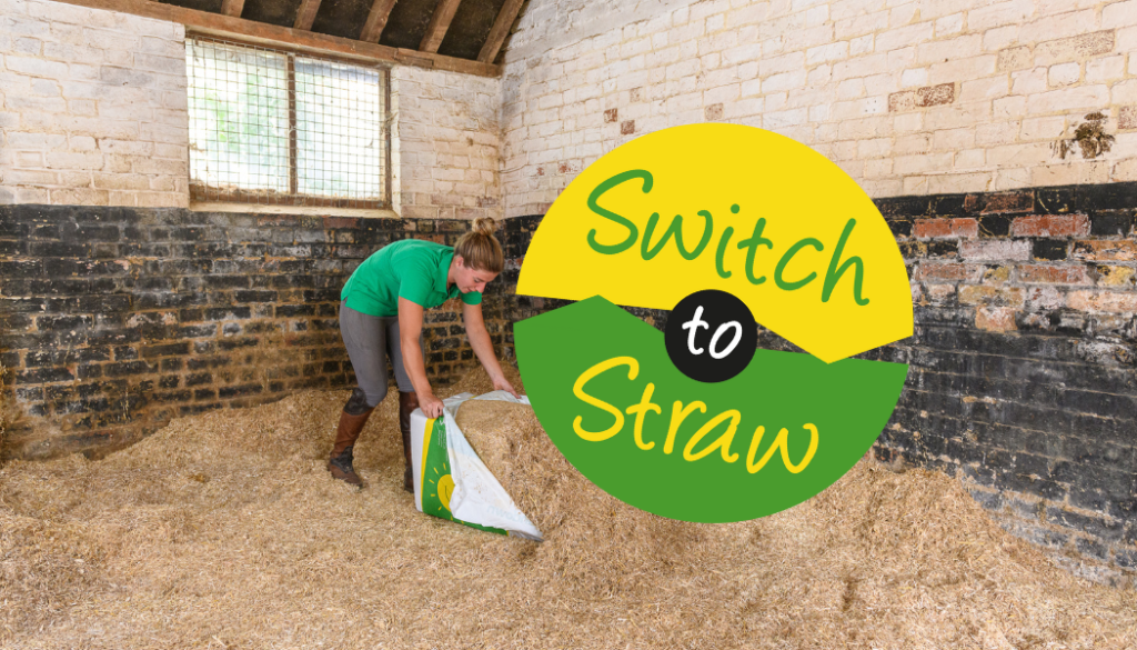 A woman opens a bale of straw bedding in a stable, with a large Switch to Straw logo overlayed