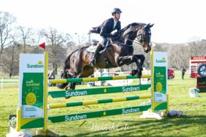 A man on a dark bay horse jumps over a green and yellow showjump with Sundown branding