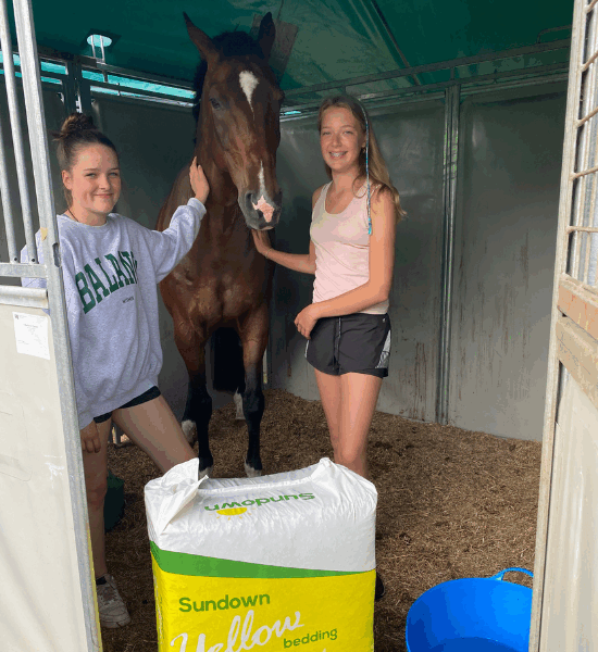 Two girls standing with their horse in a temporary stable with a bale of Sundown Yellow bedding